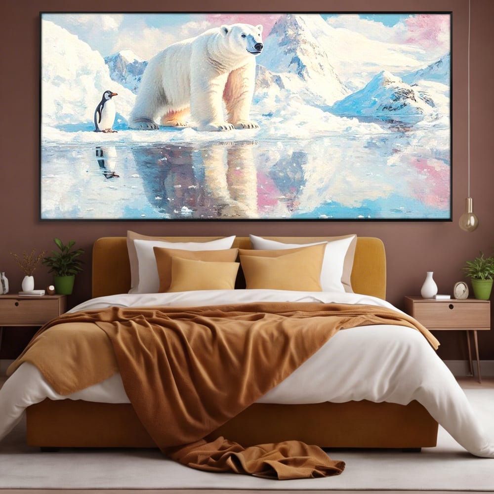 Tablou canvas cu tablou cu urs polar si pinguin pe ghetar, in rama de aluminiu negru, pe perete intr-un dormitor